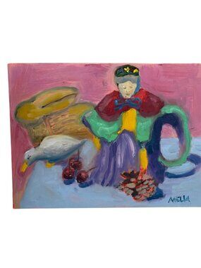 Colorful Oil Painting Still Life Featuring Woman Duck Basket Pinecone Classic